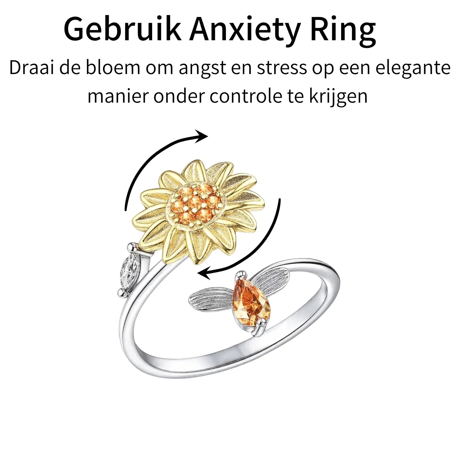 Anxiety Ring (Draairing Zonnebloem en Bij) Zilver plated koper uitleg